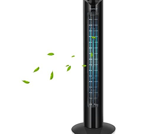Aigostar Benson - Ventilatore a torre con 3 impostazioni di velocità, Timer con autospegnimento, 45 W, ventole oscillanti a 85°, ventilatore portatile salvaspazio senza pale da pavimento