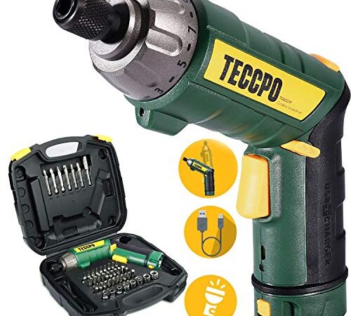Avvitatore Elettrico, TECCPO 6Nm Cacciavite Elettrico, 9+1 Coppia di Serraggio, 45 Pezzi Accessori, 2000mAh Li-ion 3,6V, 2 Diversi Angolazione a Piegare, Luce a LED, Migliore Regalo di DIY -TDSC01P