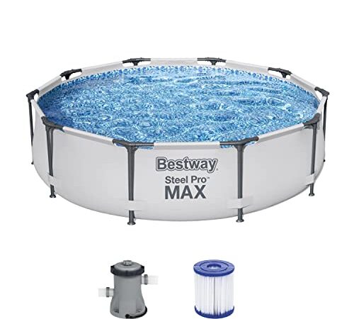 Bestway - Steel PRO Max, Piscina Fuori Terra, Rotonda, Set con Pompa filtrante, Diametro 305 x 76 cm, Colore Grigio Chiaro