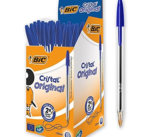 BIC Penne Blu a Sfera, Cristal Original, Punta Media, 1 mm, Confezione 50 Penne, Fornitura per Cancelleria Scuola e Ufficio
