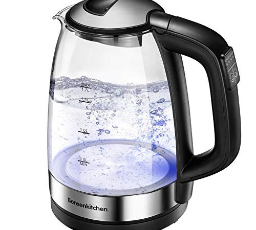 Bonsenkitchen Bollitore Elettrico in vetro, Temperatura Regolabile(50°-100°C), 1.7L, 2200W Ebollizione veloce, funzione di mantenimento caldo, con illuminazione a LED, Protezione Boil-dry