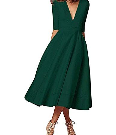 CARINACOCO Donna Vestiti Lunghi da Matrimonio Elegante Collo V Vestito A Pieghe Skater Abito Maxi Damigella Sera Cerimonia Inverno Verde M