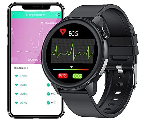 ECG Orologio Intelligente Uomo , Impermeabile IP68 Smartwatch con Temperatura Corporea, Smart Watch Cardiofrequenzimetro da Polso Contapassi Activity Tracker per Donna y Android iOS Nero