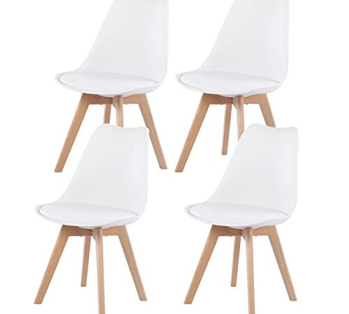 EGGREE Set di 4 Sedie Sala da Pranzo Imbottita, Sedia Cucina Ufficio con Gambe in Faggio Legno Nordiche Design, Bianco