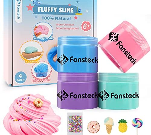 Fansteck Slime bambini giocattolo regali, melma 4 pezzi 100 ml per farsi con 4 colori melma soffice melma, palline di schiuma, decorazione del viso di frutta