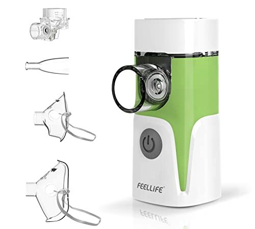 FEELLIFE Aerosol Portatile per Bambini e Adulti, Inalatore Aerosol Silenzioso Nebulizzatore con Boccaglio e Maschera, Funzione Musicale, Ricaricabile USB