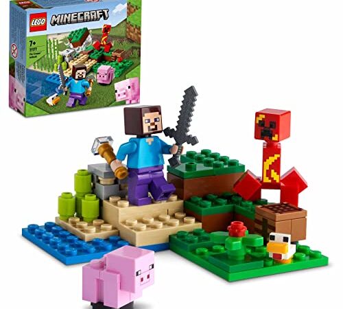 LEGO Minecraft L'agguato del Creeper, Mattoncini da Costruzione con Steve e 2 Minifigure, Giochi per Bambini 7 Anni, 21177