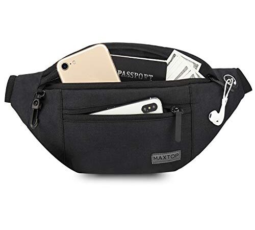 MAXTOP Marsupio Uomo Donna Unisex, Marsupio Impermeabile, con Jack per Cuffie e 4 Tasche con Cerniera, Cintura Regolabile per Allenamento all'aperto, Escursionismo