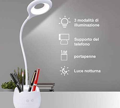 MINLUK Lampada da Scrivania LED Protezione Degli Occhi, Luce Notturna LED, Lampade da Tavolo con 3 Modalità di Illuminazione, Controllo Tattile, Dimmerabile, USB Ricaricabile