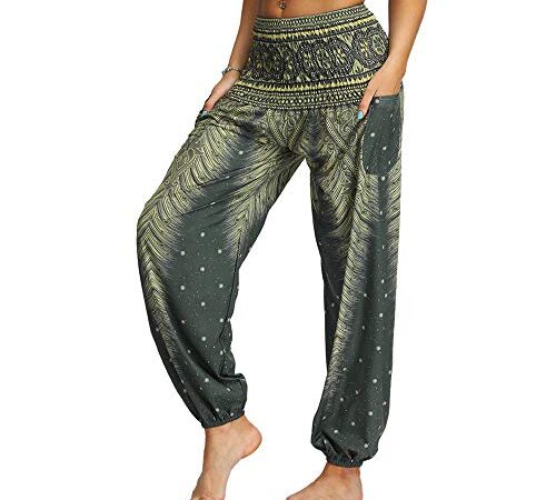 Nuofengkudu Donna Harem Hippie Pantaloni con Tasche Boho Print Vita Alta Larghi Leggeri Indiani Yoga Pants Estivi Spiaggia (Verde B,Taglia Unica)