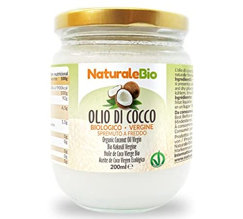 Olio di Cocco Biologico Vergine 200 ml. Crudo e Spremuto a Freddo. Organico e Naturale. Bio Nativo e non Raffinato. Origine Sri Lanka. NATURALEBIO