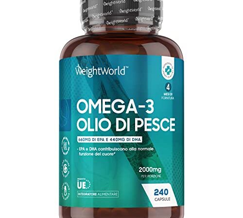 Omega 3 - Olio di Pesce 2000mg ad Alto Dosaggio - Omega 3 Olio di Pesce con 660mg EPA e 440mg DHA - Fonte di Acidi Grassi Essenziali - Olio di Pesce Omega 3 Capsule Integratore Omega 3 Fish Oil Puro
