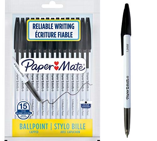 Paper Mate O45 Penne a Sfera Retrattili, Punta Media 1.0 mm, Inchiostro Blu, Nero, 15 Pezzi