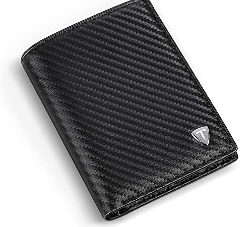 Portafoglio Uomo, Carbonio Bifold con 9 Porta Carte di Credito, Tasca Portamonete, 2 Scomparti Banconote e Finestra ID Porta, RFID Blocking Portafoglio Uomo, Portafoglio per Uomo con Confezione Regalo