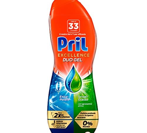 Pril Excellence Duo Gel Lavastoviglie Sciogli Grasso, Detersivo Gel con Sgrassatore Attivo, Confezione da 33 Lavaggi, 600 ML