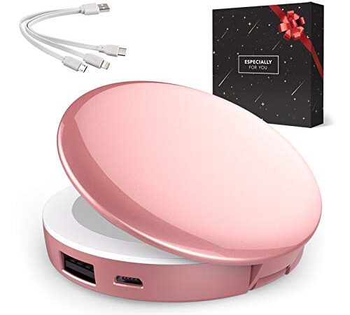 Regalo per donna – Powerbank con specchio a LED per iPhone Samsung – regalo di compleanno – regalo di San Valentino – regalo per sorella – regalo per migliore amica – regalo per mamma (oro rosa)