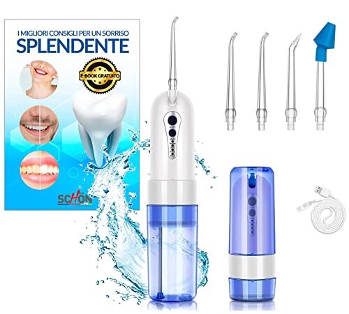 Schön Idropulsore Dentale Portatile, Irrigatore dentale Orale Professionale 4 Modalità e 5 Ugelli, Idropulsore dentale Ricaricabile, Lavaggio Nasale e tartaro denti, Denti Bianchi, eBook incluso
