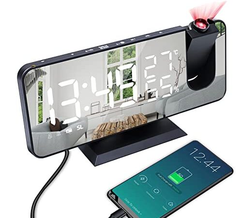Sveglia Digitale da Comodino con Proiettore, Radiosveglia Rotazione di 180°Orologi a Proiezione, Porta di Ricarica USB，Luminosità Regolabile Doppio Allarme, Snooze, 12/24 H (nero)