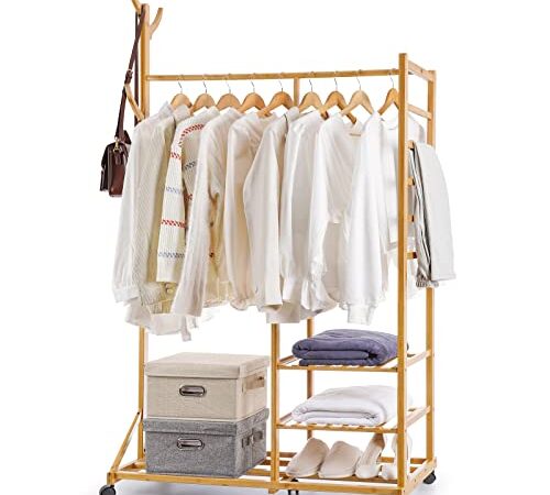 Yorbay Appendiabiti in bambù con Ruote,con 3 Ripiani e 6 Gancio ad Albero,176x100x38 cm, per Vestiti,Cappelli,Borse e Scatola per Scarpe, Naturale