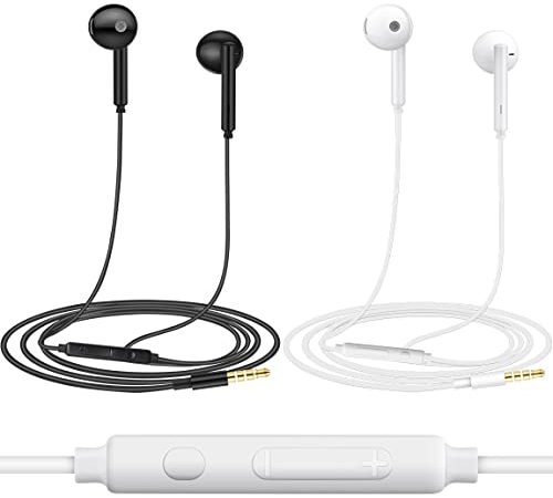 [2Pacco] Cuffie MAS CARNEY WH6 Auricolari stereo con cavo, controllo del volume e microfono per Cellulare, tablet, computer, MP3 (2Pacco, Bianco)