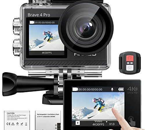 AKASO Action Cam 4K 40M impermeabile Fotocamera Subacquea, UltraHD 20MP 170° Grandangolare WiFi Doppio Schermo EIS Stabilizzazione, Touch Screen, 5x Zoom, 2x1350mAh Batterie, Kits di Accessori, Grigio