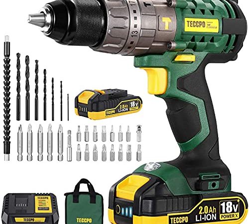Avvitatore a Batteria 18V, TECCPO 60N.m Trapano Elettrico con Percussione, 30min Caricatore Rapido, 2 Batterie 2000mAh, 13 mm Metallo Autobloccante Mandrino, 21+3 Posizioni - TDHD01P