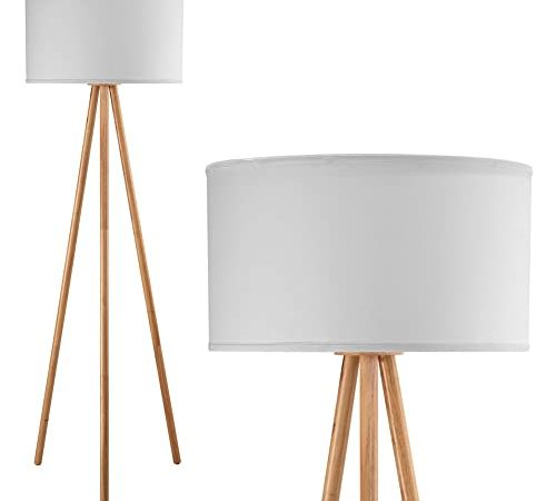 Bakaji Lampada Piantana da Terra Design Moderno Struttura in Legno Luce Lampadina E27 60 W con Paralume in Tessuto Base Treppiede Dimensione 150 x 45 cm Arredamento Casa (Bianco)