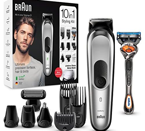 Braun Regolabarba Tagliacapelli Uomo Rasoio Incluso, Rifinitore Barba, 8 Accessori inclusi, 85% di Plastica in Meno, Idea Regalo, MGK7220 All-in-One Grigio Argento