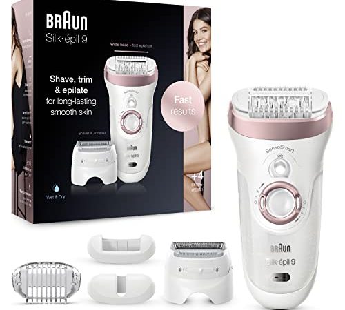 Braun Silk-épil 9 Depilatore Donna Epilatore con Testina Radente e Rifinitore, Tecnologia MicroGrip, Cappuccio Massaggiante, Idea Regalo, 9-725 Bianco e Rosa