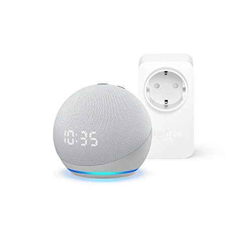 Echo Dot (4ª generazione) con orologio, Bianco ghiaccio + Amazon Smart Plug (presa intelligente con connettività Wi-Fi), compatibile con Alexa - Kit di base per Casa Intelligente