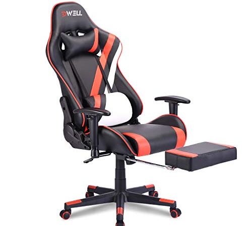 EDWELL Sedia da Gaming,Sedia Gaming,Sedia da Ufficio,Poltrona Racing Ergonomica,con Poggiapiedi, Schienale Regolabile,Poggiatesta e Supporto Lombare,capacità di Carico di 150 kg (Nero/Rosso)