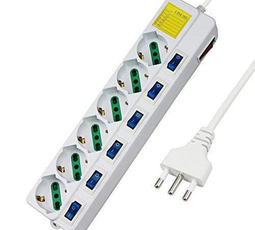 Extrastar Multipresa ciabatta elettrica 6 Posti 10/16A Bipasso Schuko 250V Max:2500W con interruttori indipendenti 1,5MT