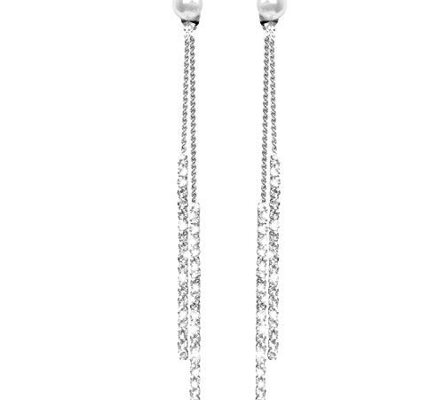 Fashion Long Tassel Crystal Pearl Due modi Usura Cubic Zirconia Ipoallergenico e Nichel Free Stud Drop Ciondola gli orecchini Gioielli per ragazze Donne, Chic Silver (Argento)