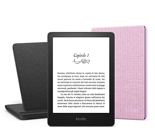 Kindle Paperwhite Essentials Bundle con Kindle Paperwhite Signature Edition (32 GB, senza pubblicità), Custodia Amazon in tessuto e Base di ricarica wireless