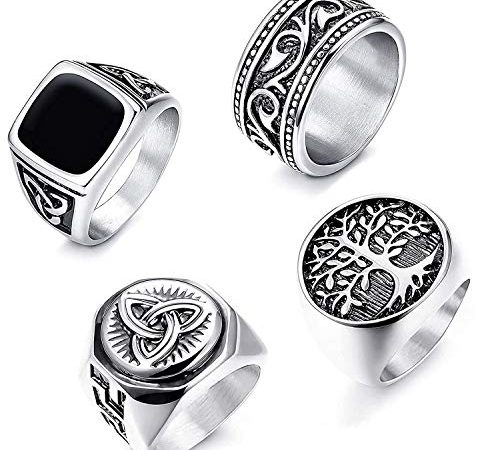 LOLIAS 4Pcs Uomo Anelli Sigillo Acciaio Inossidabile Anelli Nodo Celtico Largo Quadrato Anello per Uomo Donna Anello Albero della Vita Set di Anelli Gotico Vintage Set Anello retrò Nero per Uomo