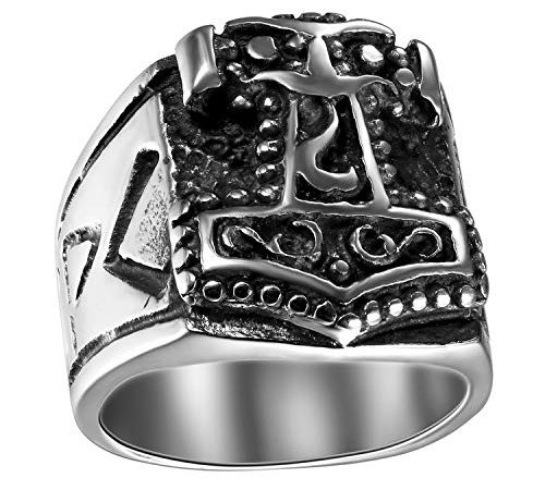 OIDEA Anello Uomo Acciaio Inossidabile Fidanzamento Martello di Thor Stile Punk Rock Nero Argento 20