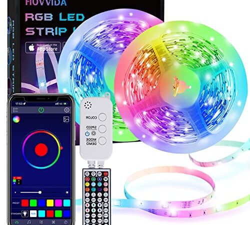 Striscia LED, HOVVIDA 15M Bluetooth Strisce LED 5050 RGB 12V Musica, Controllato da APP, Telecomando IR e Controller, 16 Milioni di Colori, 28 Modalità di Stile, Modalità di Temporizzazione