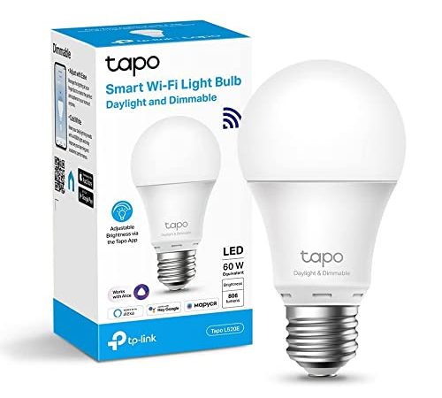 TP-Link Lampadina Wi-Fi E27, funziona con Amazon Alexa e Google Home, luce diurna e dimmerabile dall'1% al 100%, 4000 K, 806 lumen, 8W, Monitoraggio Energia, telecomando con app (Tapo L520E), Bianco