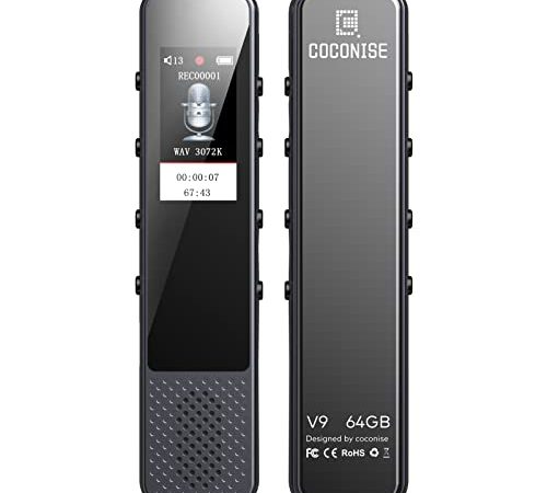 64GB Registratore Vocale Digitale Professionale, COCONISE 3072Kbps Registratore Vocale Portatile, Registratore Audio con Registrazione Rapida con Un Solo Pulsante, Registrazione ad Attivazione Vocale