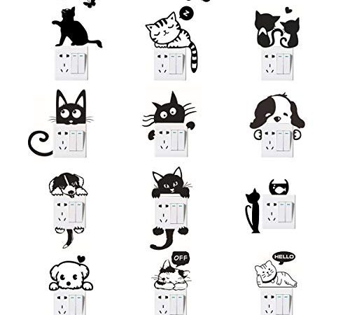 Adesivi per interruttore a parete, Adesivi per interruttore luce per cani gatti Adesivi per animali divertenti per soggiorno camera da letto Nero 12 pezzi