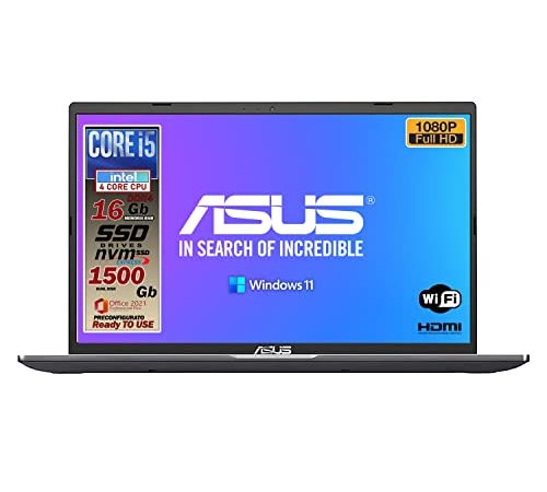 Asus Vivobook SLIM, SSD M.2 da 500 Gb + HDD 1TB, Cpu Intel i5 di 10th GEN. 4 Core, 16 Gb DDR4, Display da 15,6 FULL HD, wi-fi, 4 Usb, 1 Type-c, Bt, Win 11 Pro, Office Pro, Pronto All'uso Gar. Italia