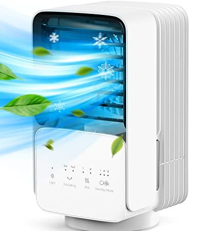 CONOPU Condizionatore Portatile, 700ML Raffreddatore d'aria con 3 velocità，4 in 1 Mini Condizionatore, Oscillazione 120°, 2 modalità di nebbia, Umidificatore, Ventilatori, Casa, Ufficio, bianco, large