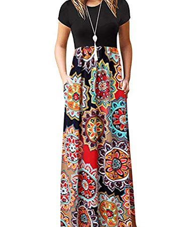 GNRSPTY Vestiti Donna Lunghi Manica Corta Estivi Colore Bloccato Stampa Floreale Lungo Vestito Spiaggia Cerimonia Sera,Rosso,M