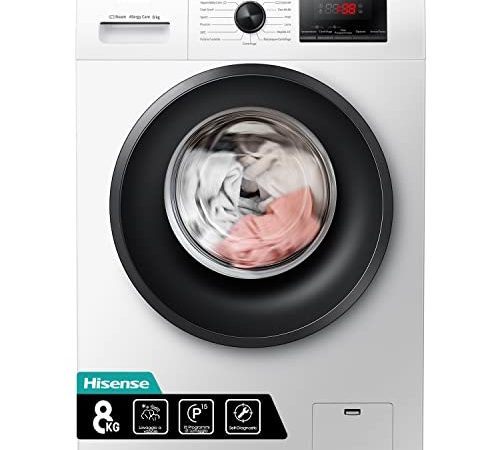 Hisense WFPV8012EM - Lavatrice a Carica Frontale 8 Kg, 1200 rpm, 15 Programmi, Vapore, Display LED, Programma Rapido, Partenza Ritardata, Child Lock, Bianco/Nero