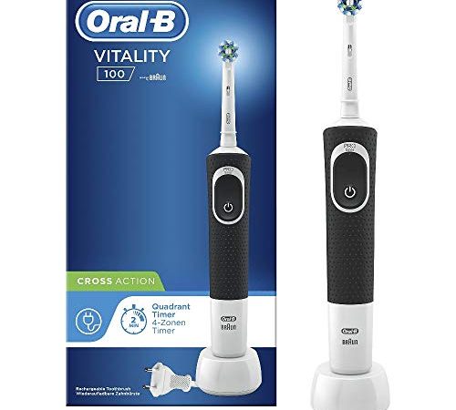 Oral-B Cross Action Vitality 100 Spazzolino Elettrico Base Ricaricabile, 1 Manico, 1 Testina, Movimento Oscillatorio e Rotatorio, con Timer, Batteria Litio, Idea Regalo, Nero