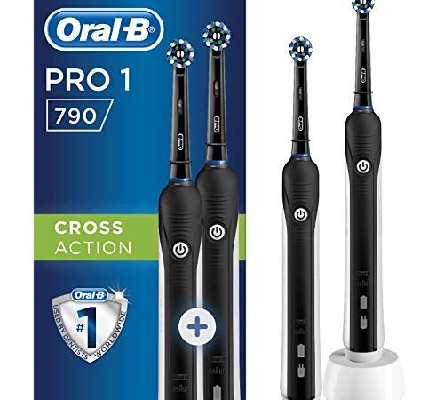 Oral-B Pro 1-790 Spazzolino Elettrico con 2 Spazzolini, con Testine Oral B Cross Action, Tecnologia 3D, Elimina Batteri, Azione Sbiancante, Sensore di Pressione, 2 Testine, Idea Regalo, Bianco e Nero
