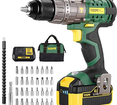 TECCPO Trapano Avvitatore a Batteria da 18 V, Batteria al Litio 4.0Ah con Caricatore Rapido 4A, Luce LED, 21+3 Impostazioni di Coppia, 33 Accessori, 2 Velocità Regolabili