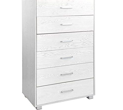 WeHome - Mobile Cassettiera in Legno 6 Cassetti con Guide in Metallo, Misure 68 x 40 x 115 cm, Compatto Maniglie Alluminio Piedini in ABS (Rovere Sbiancato)