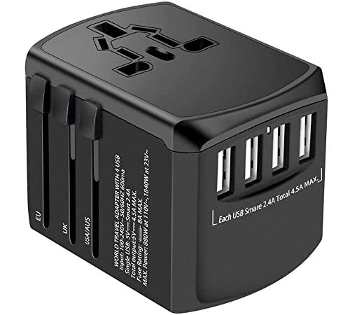 Adattatore Universale da Viaggio - Evershop USB Adattore Internazionale da Viaggio per USA Thailandia UK Asia, Oltre 224 Paesi, con 4 Porte USB + Spina di Ricarica e AC