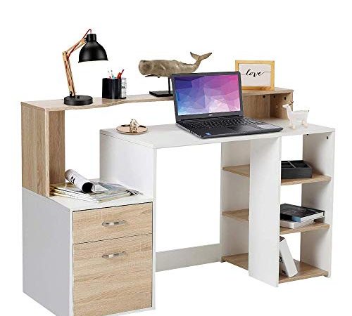 Bakaji Scrivania con Cassetto e Mobiletto Tavolo da Lavoro Porta Pc Computer in Legno Melaminico Arredamento Casa Ufficio Cameretta (Beige)